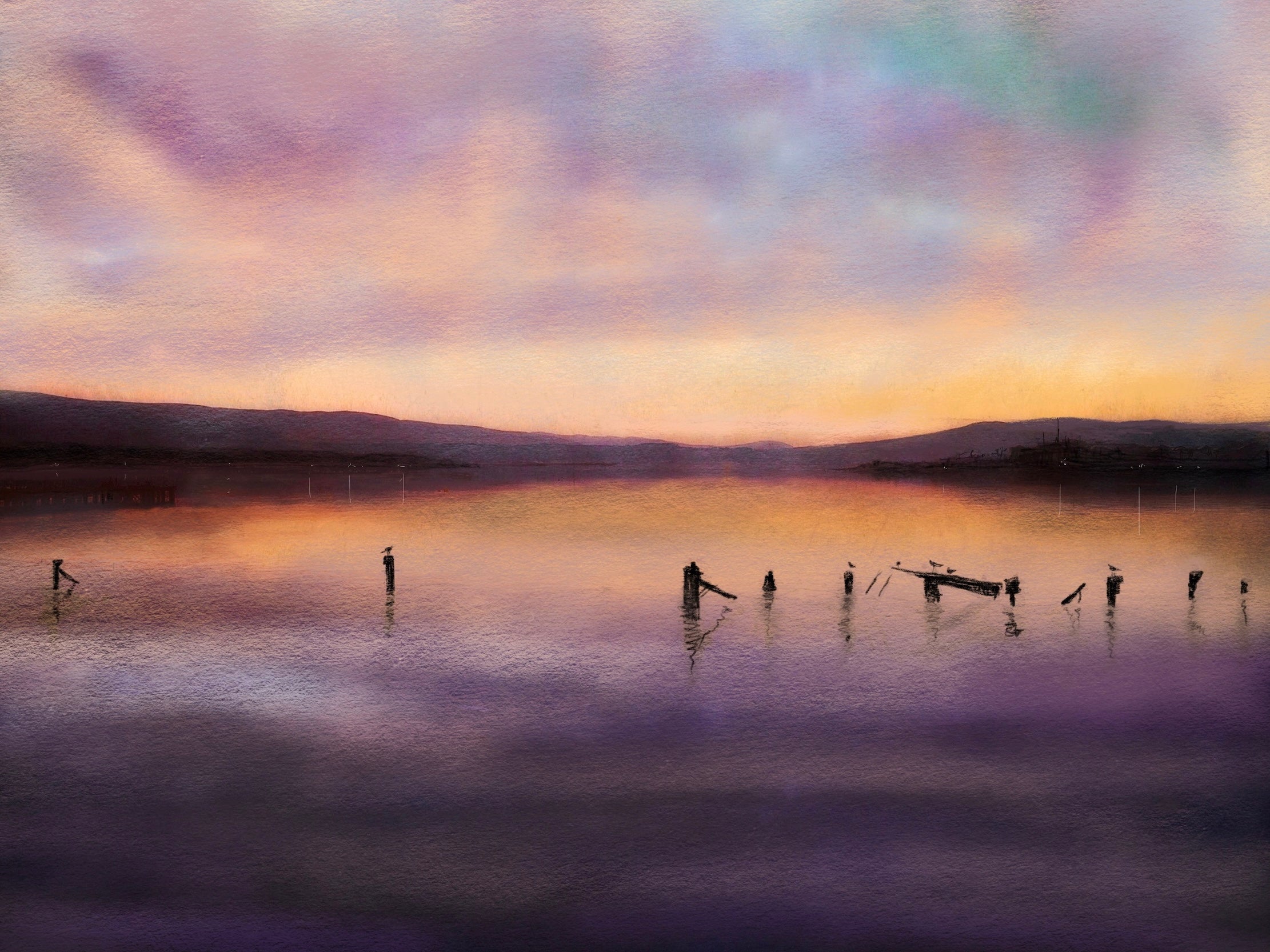 Twilight lake with remnants of a dock and birds in Admiralty Jetty Dusk Original Painting