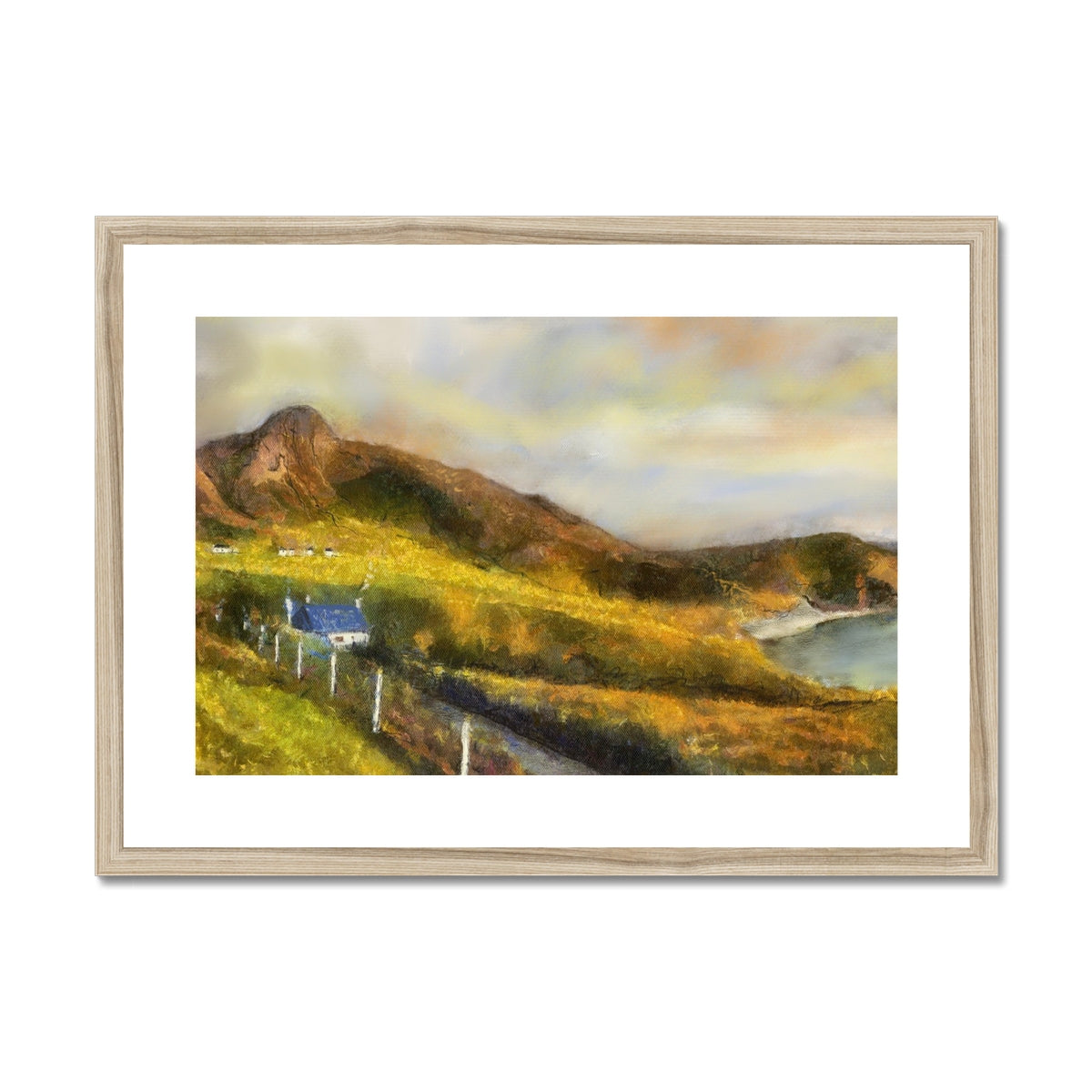 Achiltibuie framed wooden print of pastoral hills, fields, blue house