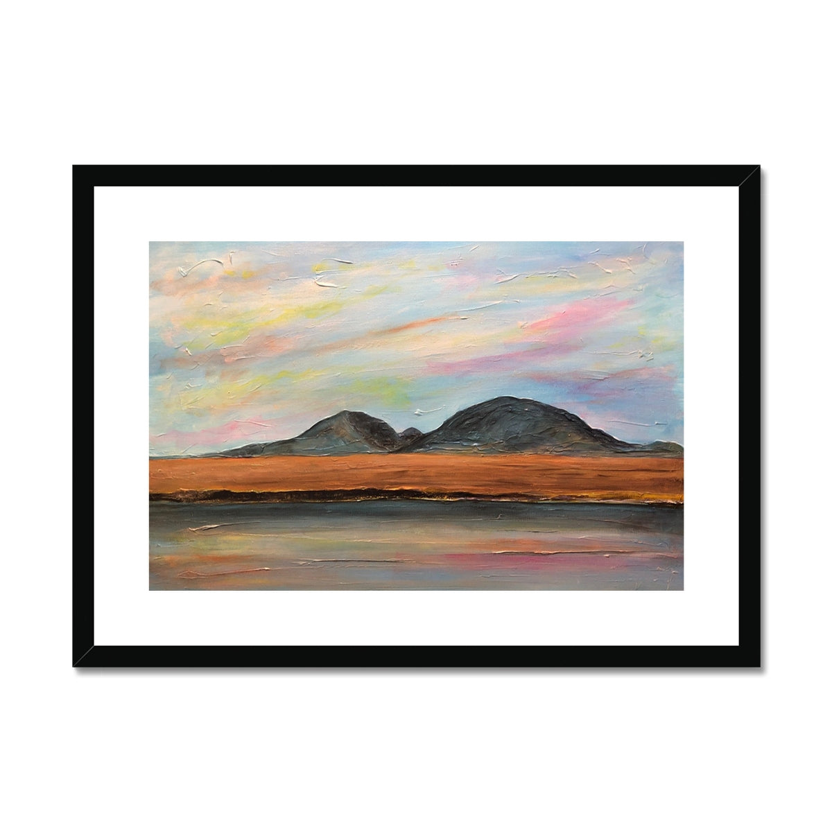 Jura Dawn black framed print of mountains and sky landscape