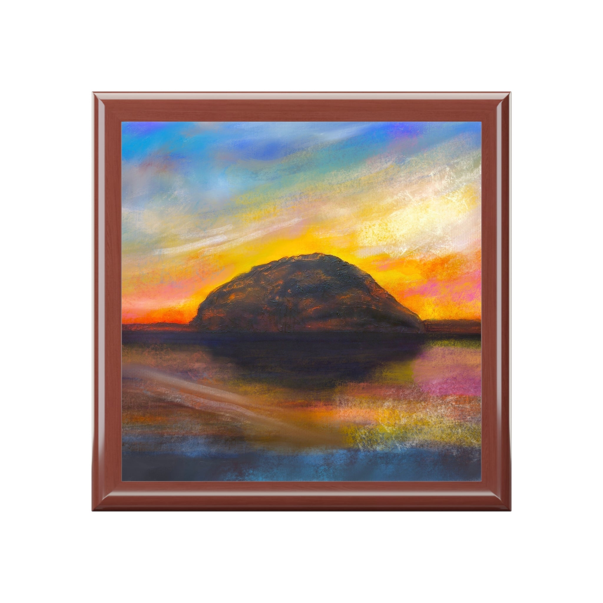 Brown wooden framed mountain sunset painting in Ailsa Craig Dusk jewellery box