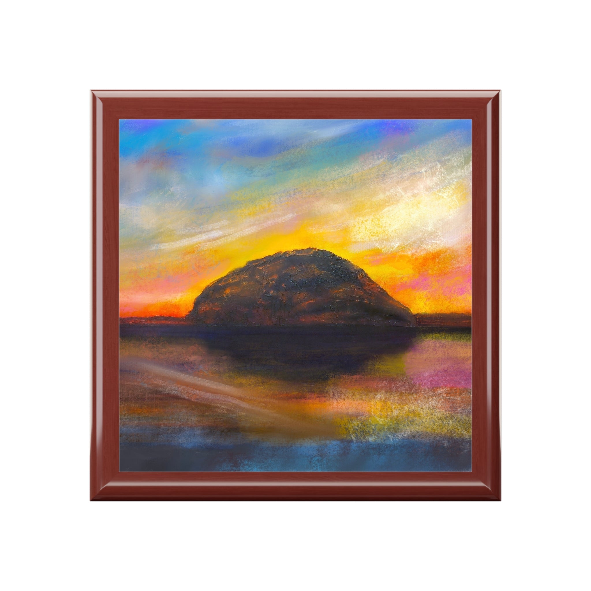 Brown wooden-framed square painting of Ailsa Craig rock formation at dusk sunset