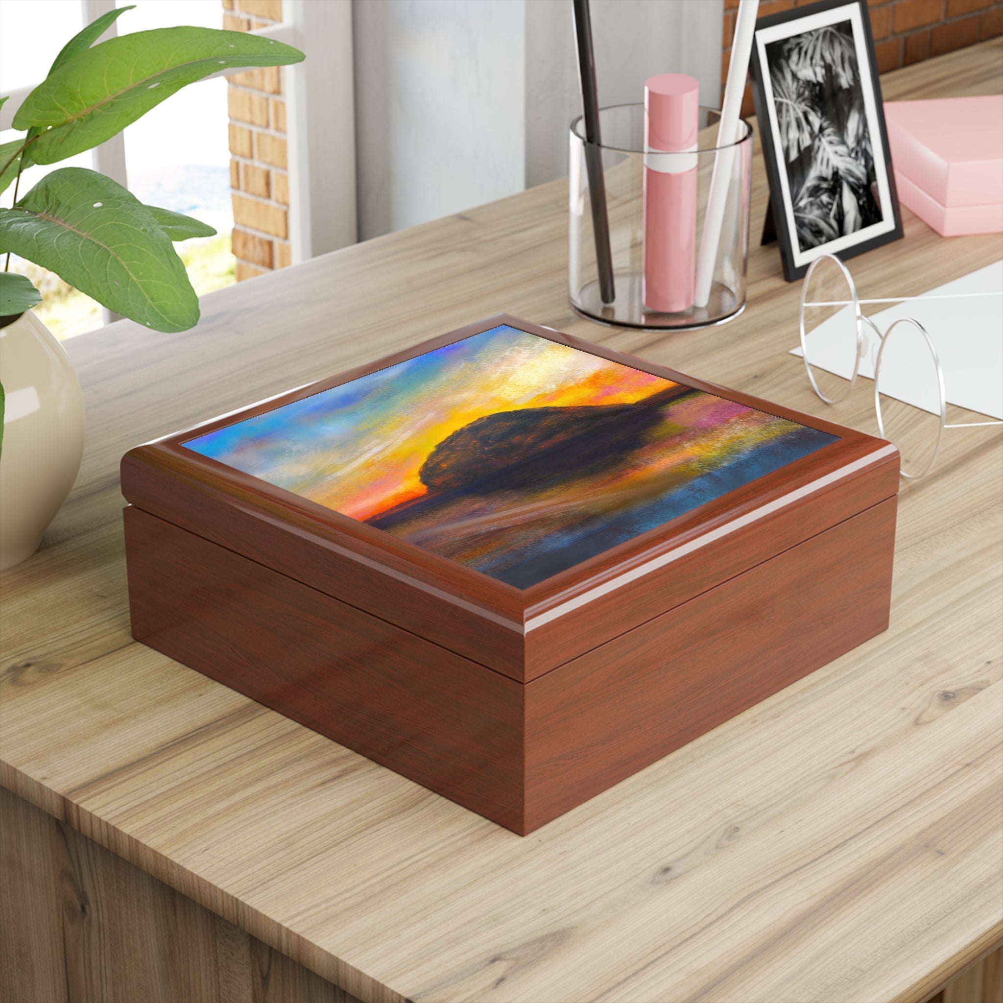 Ailsa Craig Dusk art jewellery box with wooden abstract brown design