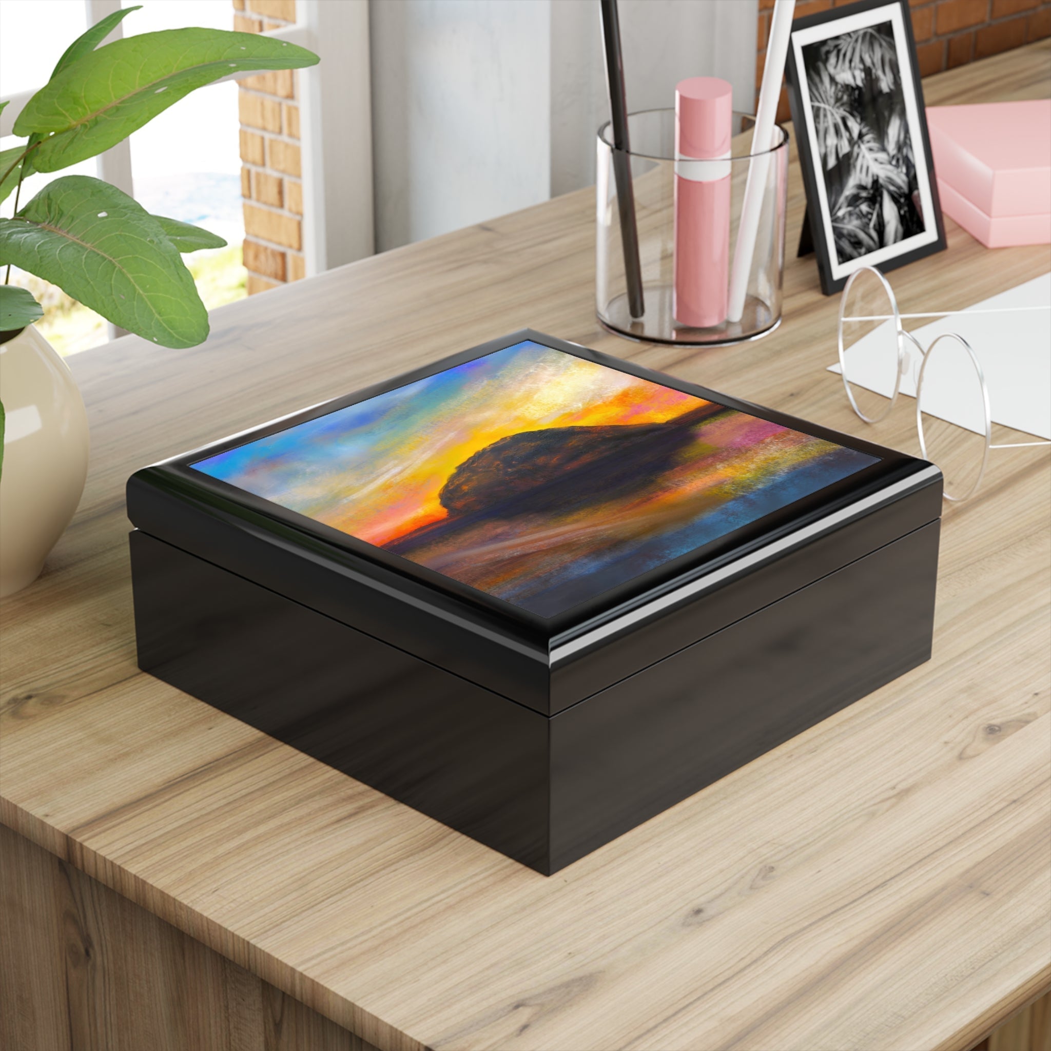 Ailsa Craig Dusk art jewellery box with black wooden body and colorful abstract lid