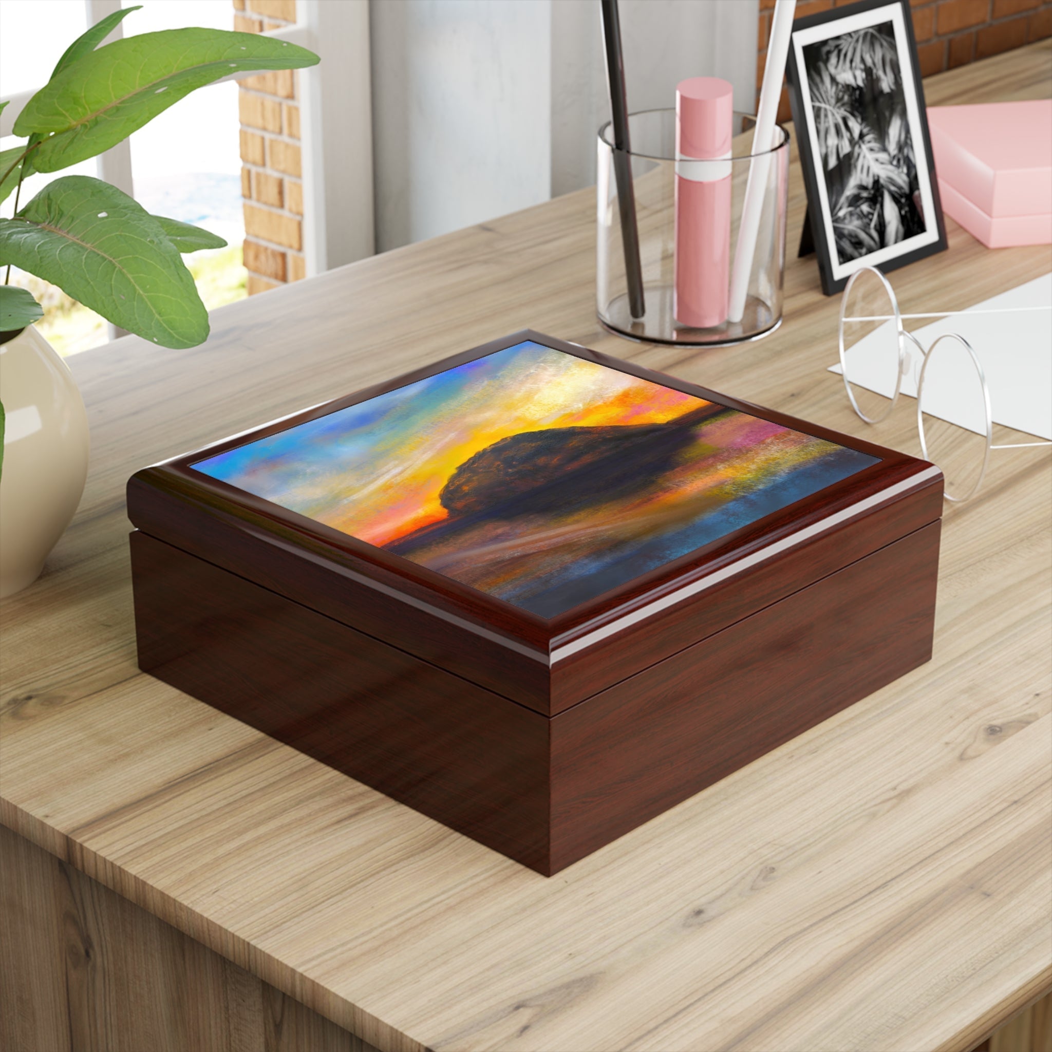Ailsa Craig Dusk art jewellery box with colorful painted lid on dark brown wood