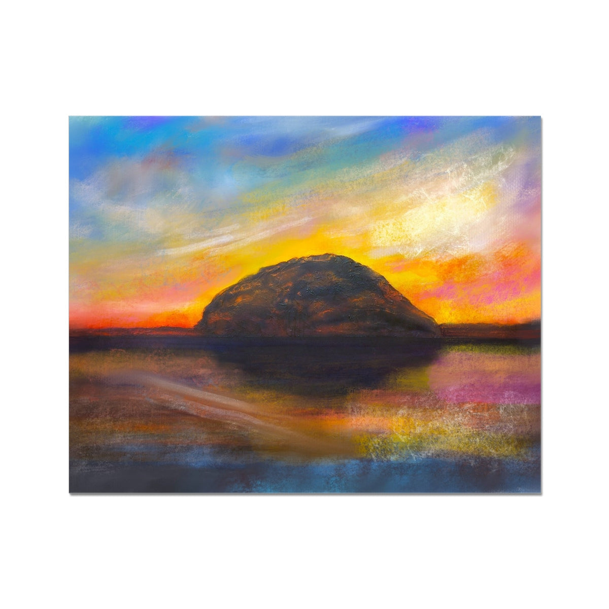 Vivid oil painting of sunset over water with Ailsa Craig island in the background