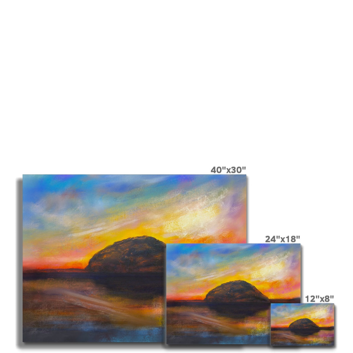 Vibrant sunset painting on Ailsa Craig Dusk Canvas featuring a large rock in water