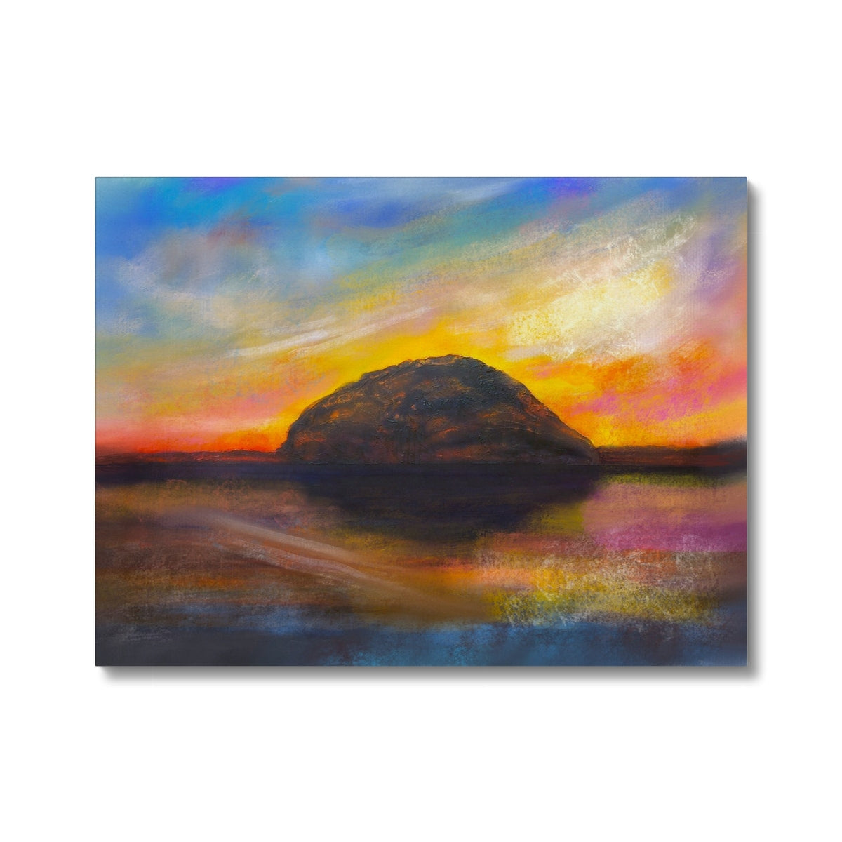 Ailsa Craig Dusk Canvas featuring an impressionistic sunset reflection of a dark hill or island