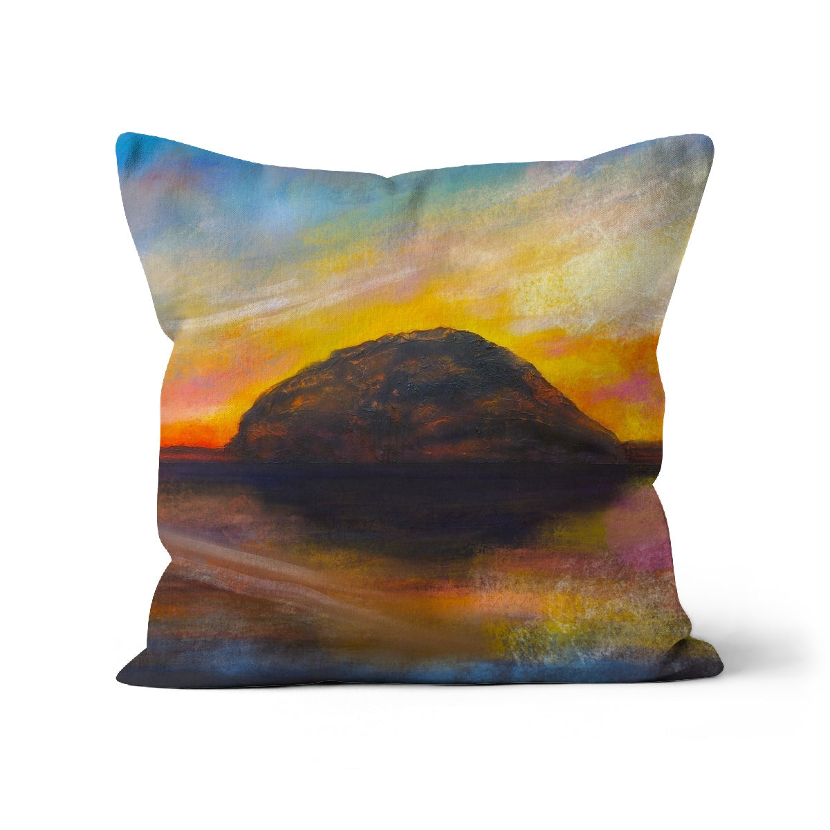 Decorative Ailsa Craig Dusk Cushion with impressionistic sunset over water and hill