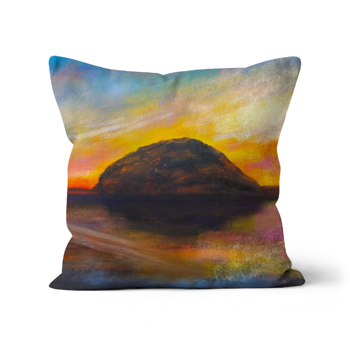 Ailsa Craig Dusk Cushion with vibrant sunset mountain reflection art print