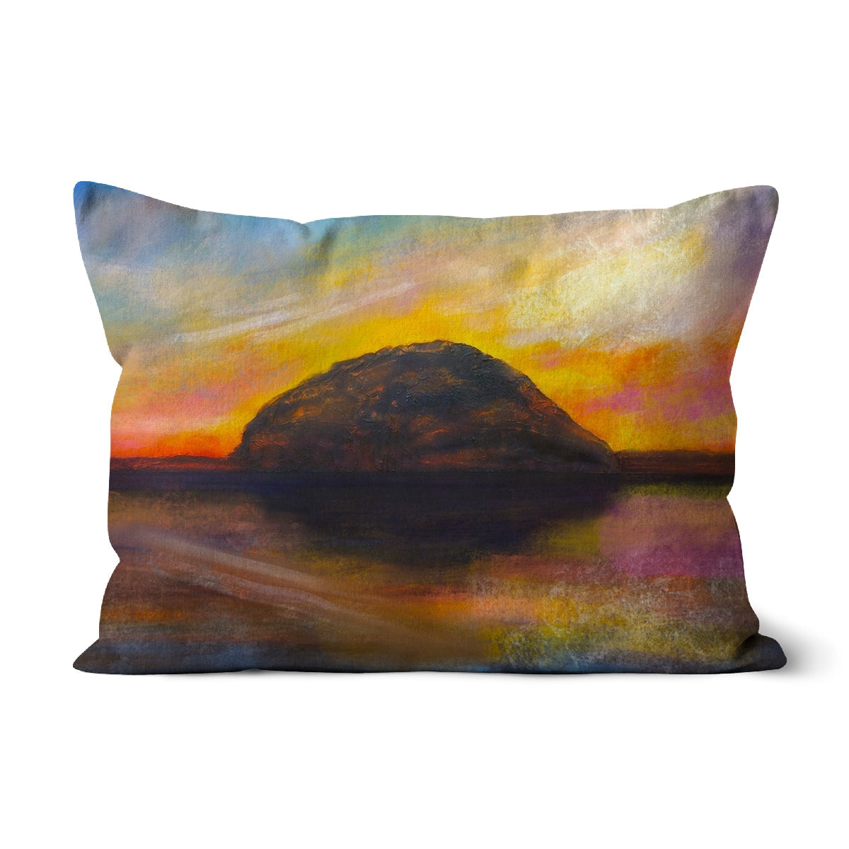 Ailsa Craig Dusk Cushion with vibrant sunset island landscape painting on rectangular decorative pillow