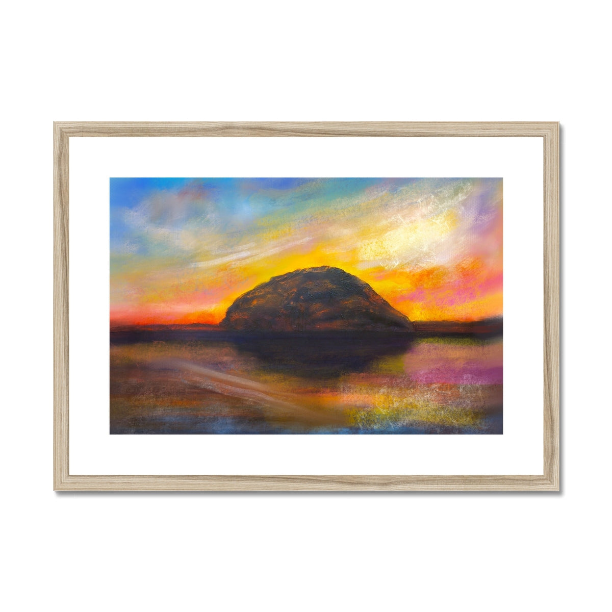 Framed Ailsa Craig Dusk print of a vibrant sunset over water with a dark hill