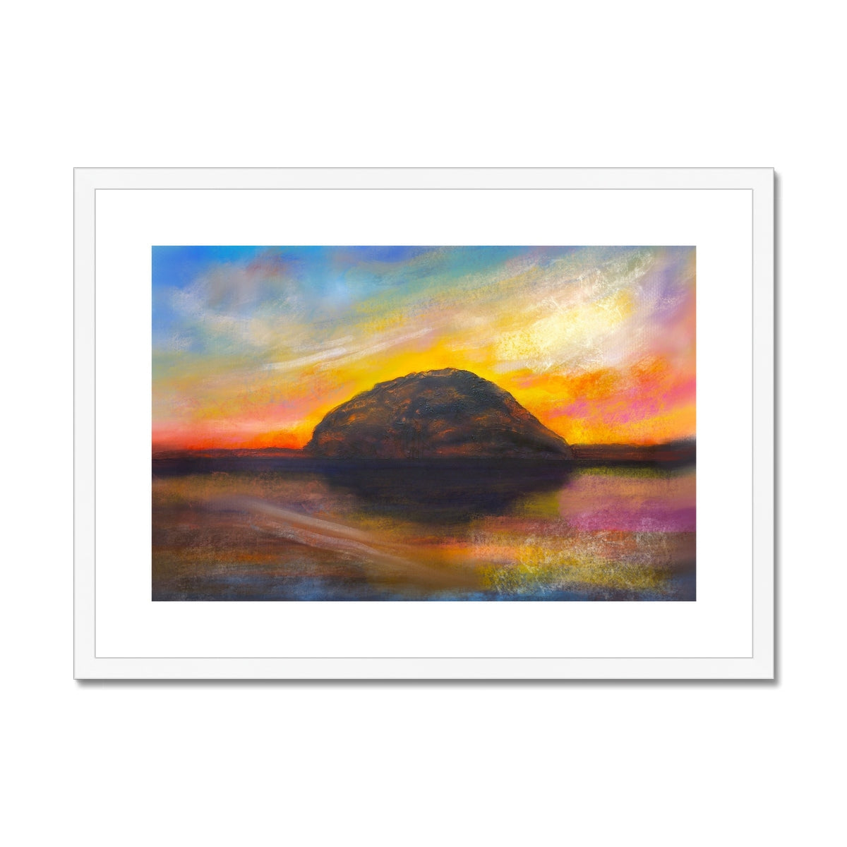 Framed Ailsa Craig Dusk print depicting sunset over water with prominent island or hill