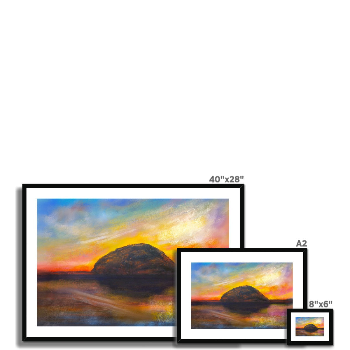 Three framed sunset paintings over water featuring a dark, rounded island in Ailsa Craig Dusk print