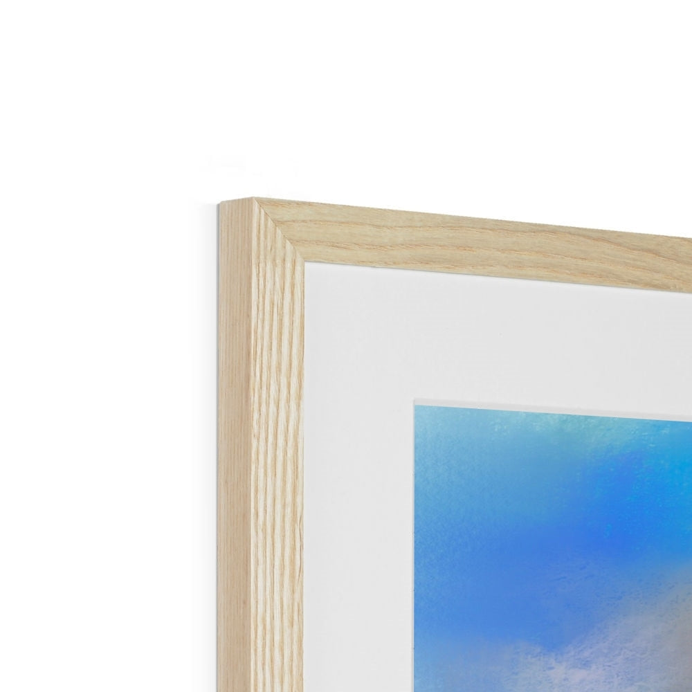 Light wood picture frame with white mat and blue artwork for Ailsa Craig Dusk print
