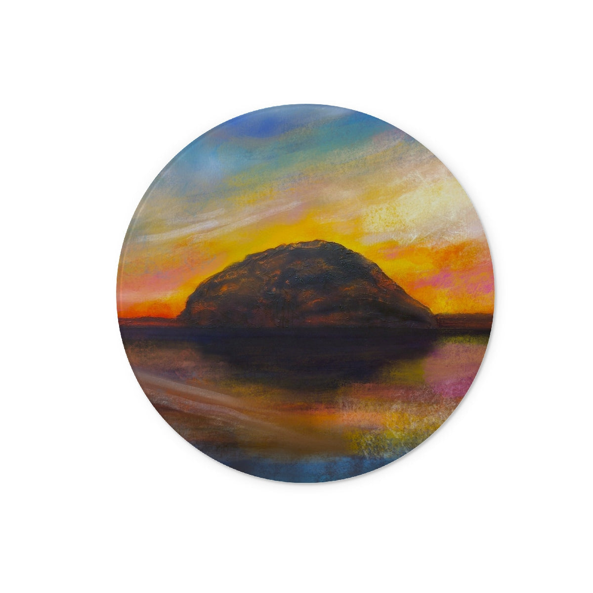 Ailsa Craig Dusk Glass Chopping Board with circular landscape sticker of mountain and sunset