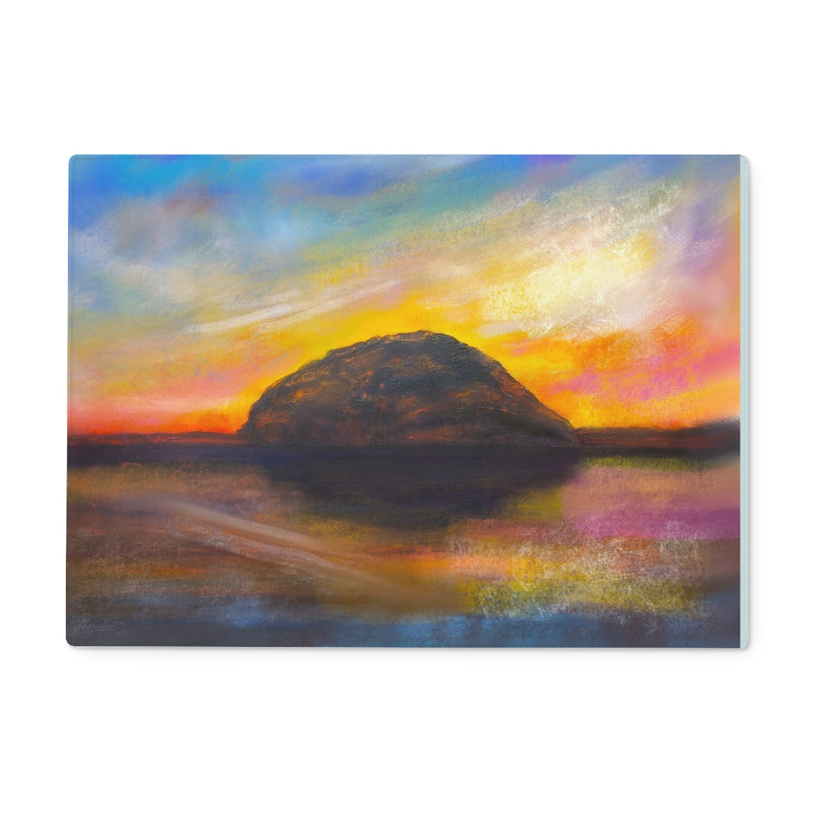 Vibrant impressionist sunset over water with mountain silhouette on Ailsa Craig Dusk Glass Chopping Board