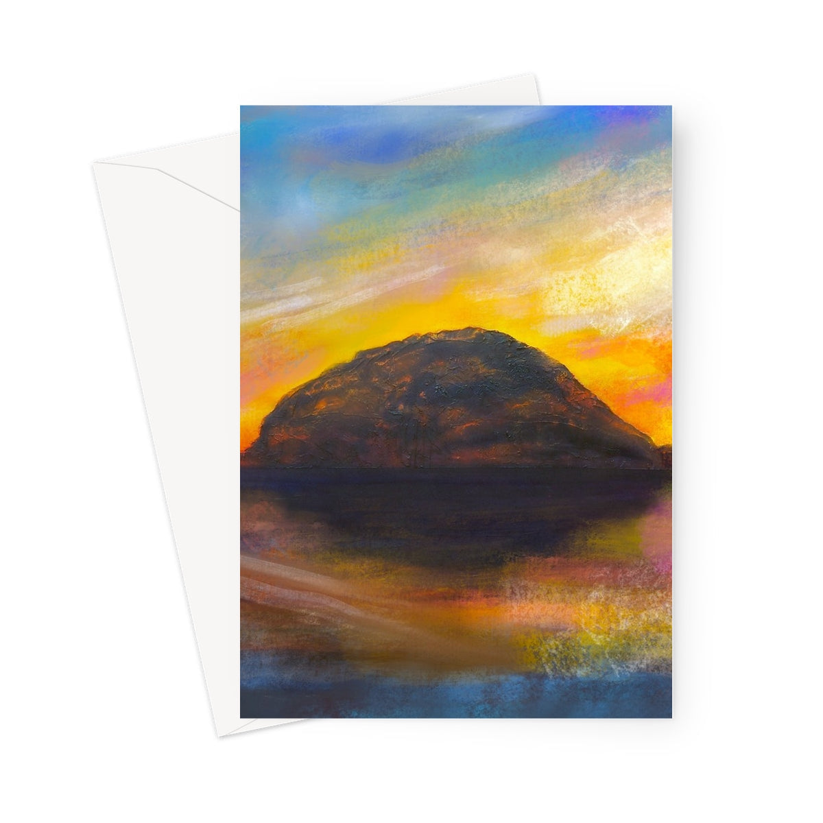 Ailsa Craig Dusk Greeting Card with vibrant mountain sunset reflection painting