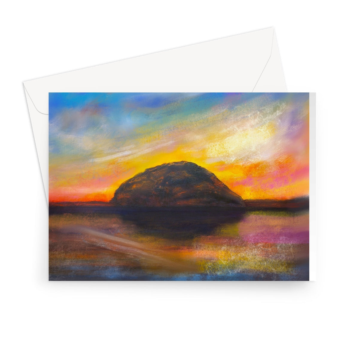 Ailsa Craig Dusk Greeting Card with vibrant mountain landscape painting at sunset reflecting in water