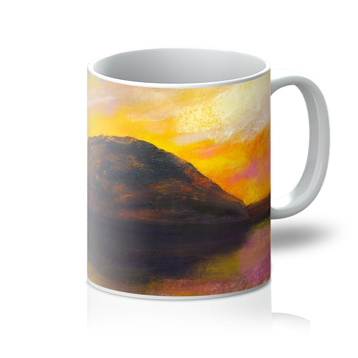 White ceramic Ailsa Craig Dusk Mug with vibrant impressionistic landscape design