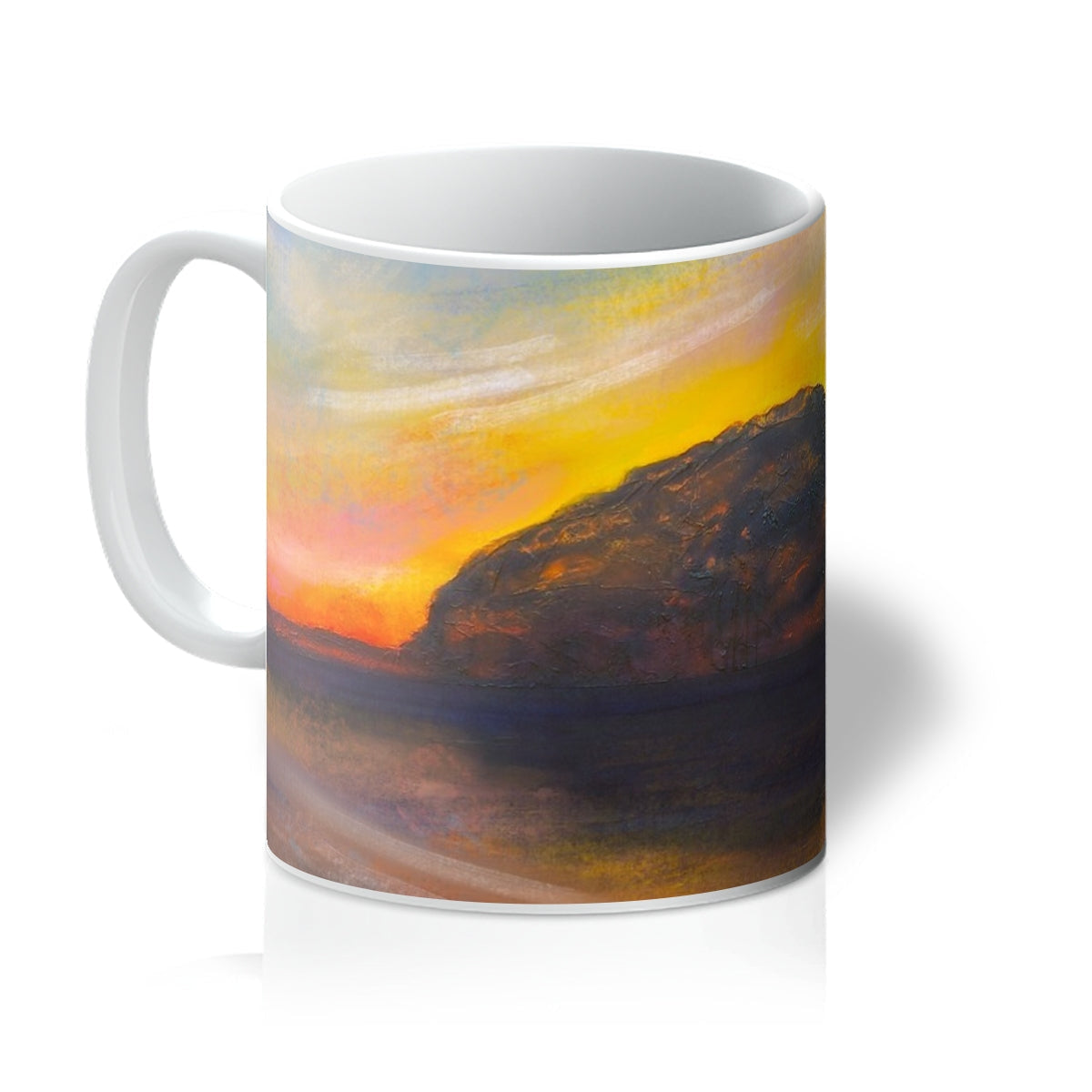 White ceramic Ailsa Craig Dusk Mug featuring a colorful sunset and mountain landscape painting