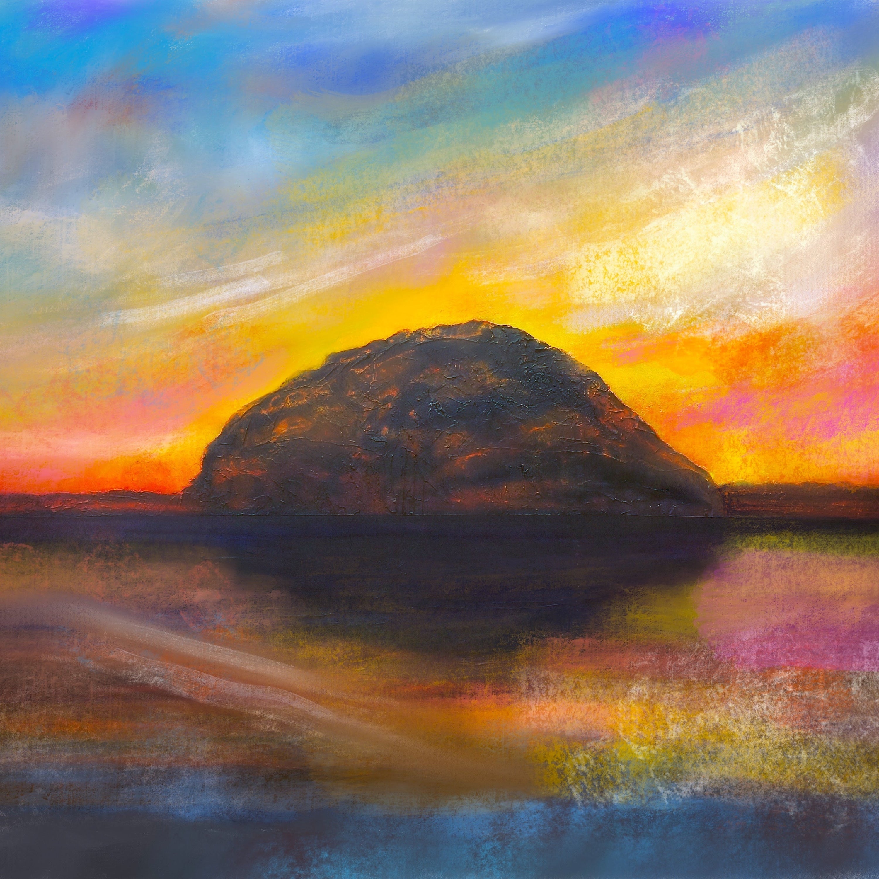 Colorful impressionistic sunset over water with mountain in the distance in Ailsa Craig Dusk product