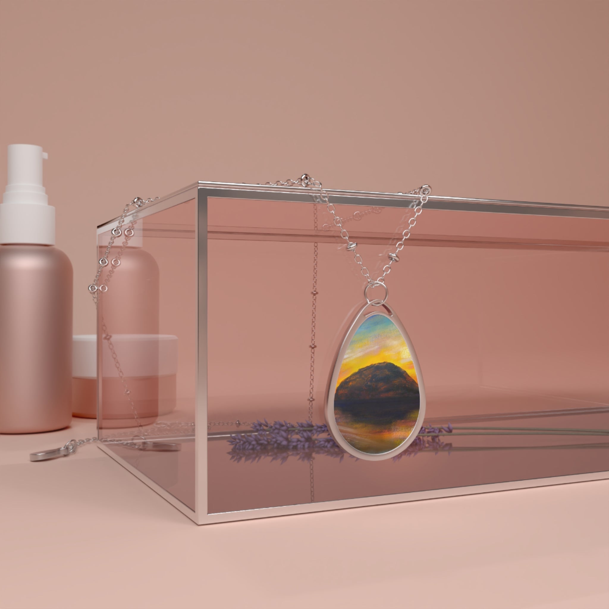 Silver teardrop pendant with colorful Scottish landscape design in Ailsa Craig Dusk necklace