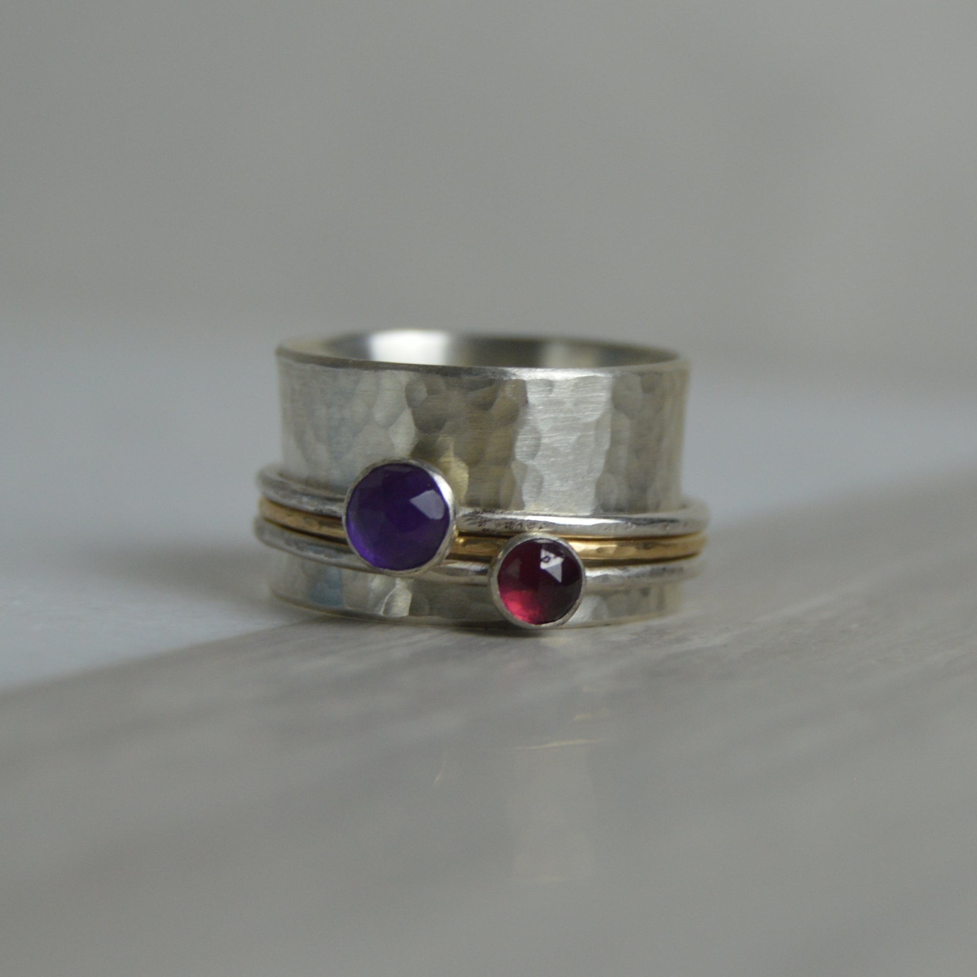 Handcrafted Amethyst & Garnet Spinning Ring by Lindsay Mcdowall Jewellery