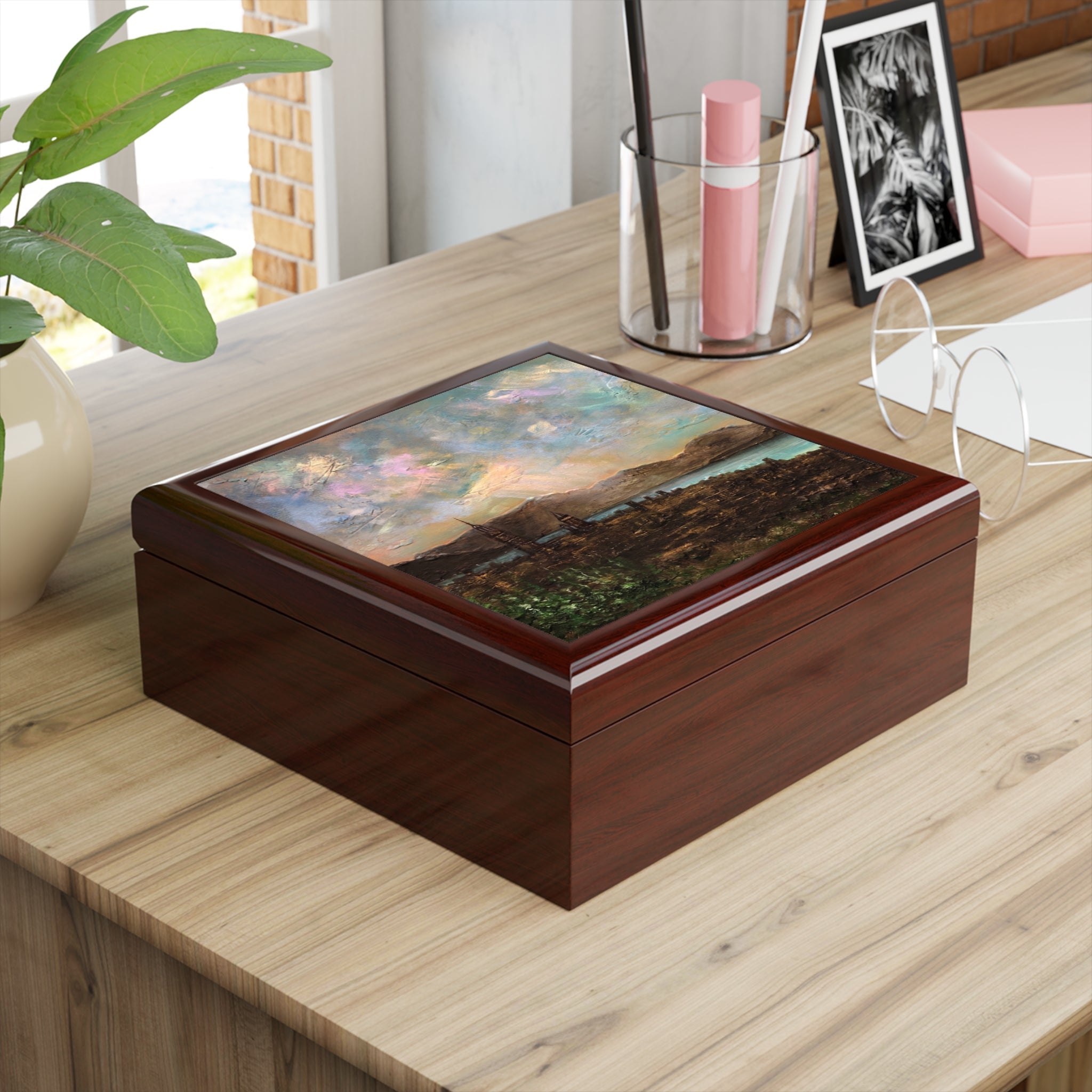 Wooden keepsake box with vibrant landscape painting lid from Angels Fingers Over Greenock in Scotland