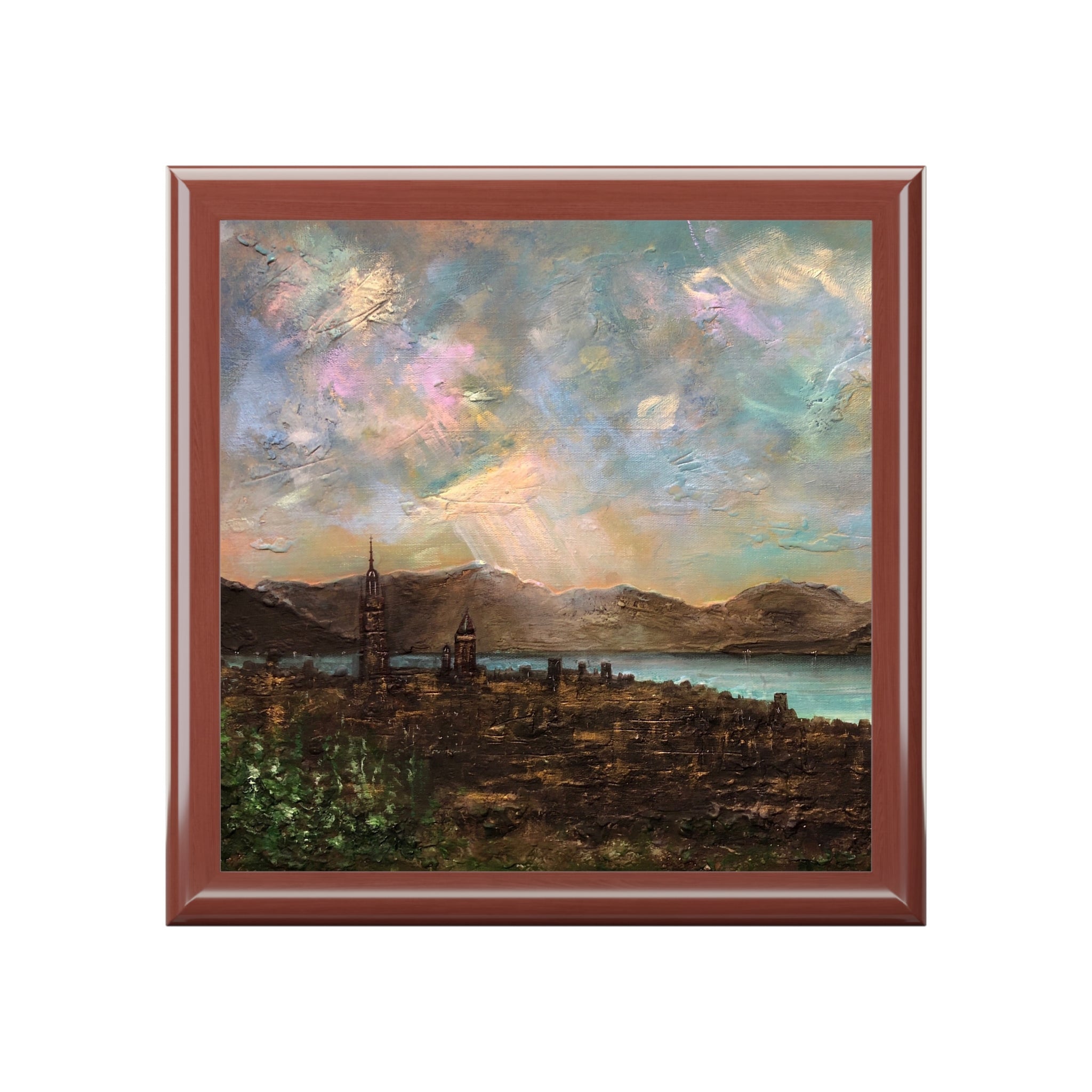 Framed impressionistic cityscape painting in Art Jewellery Box Angels Fingers Over Greenock
