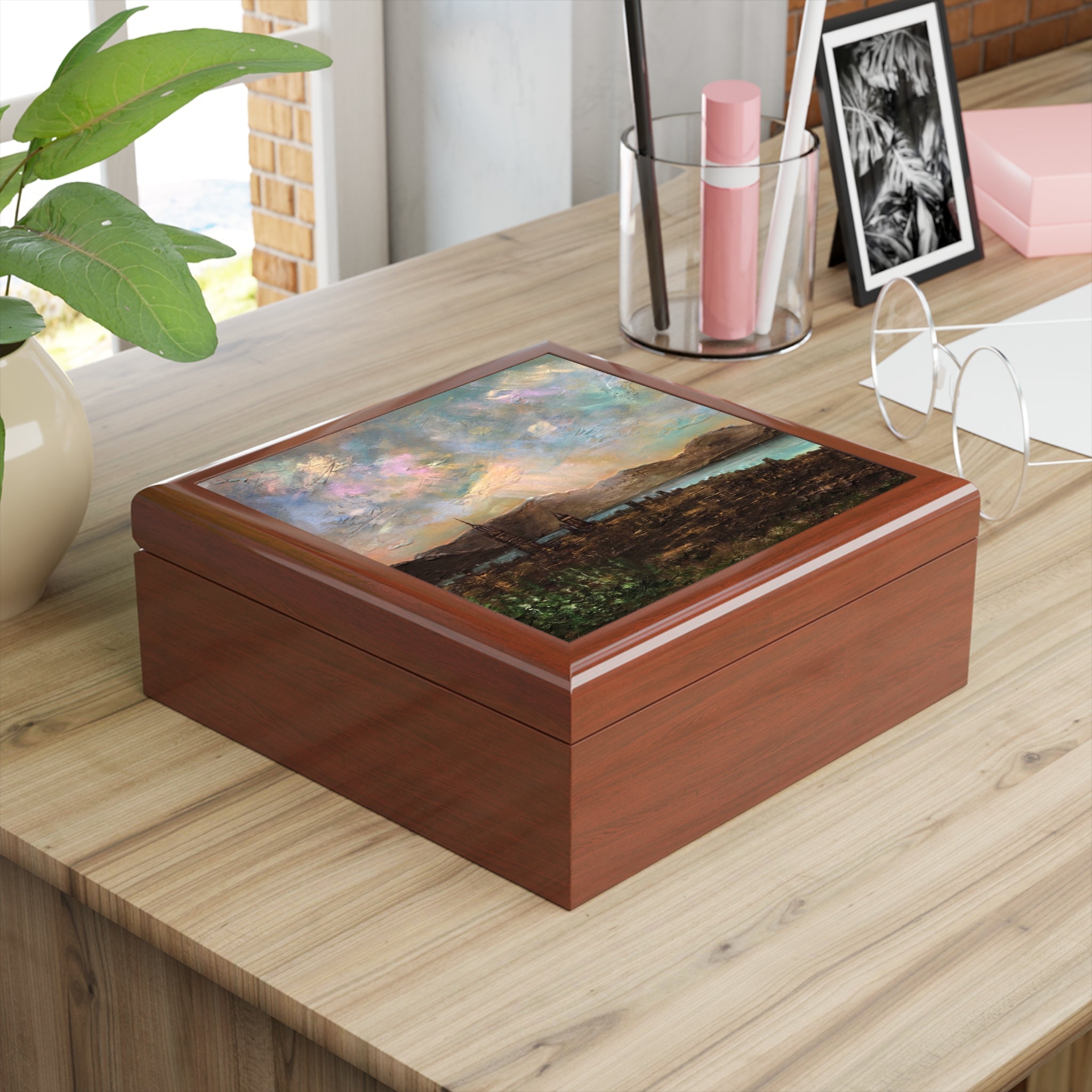 Wooden keepsake box with vibrant landscape painting on lid from Angels Fingers Over Greenock Scotland