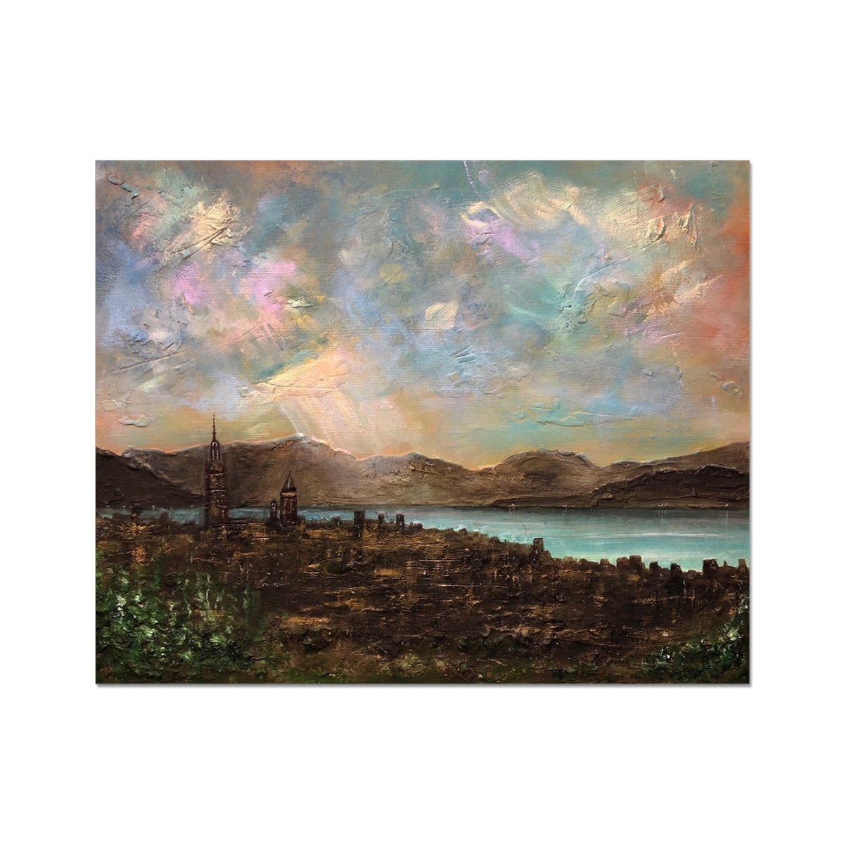 Colorful textured oil painting of Greenock cityscape by water with mountains and dramatic sky