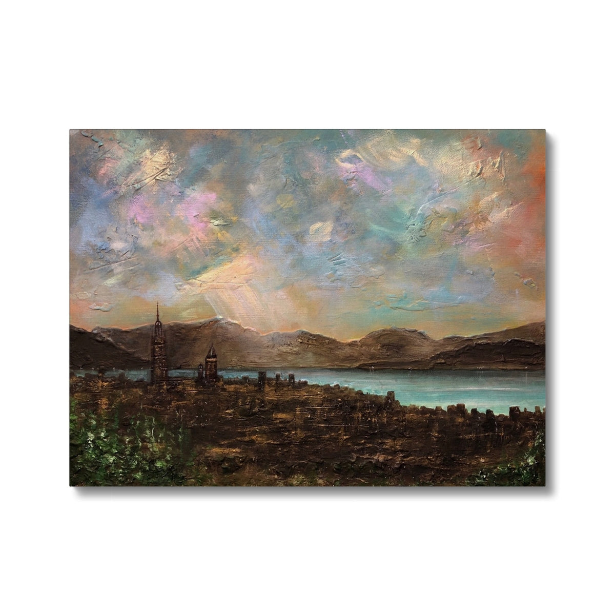 Textured oil painting of Greenock cityscape with water mountains and colorful sky