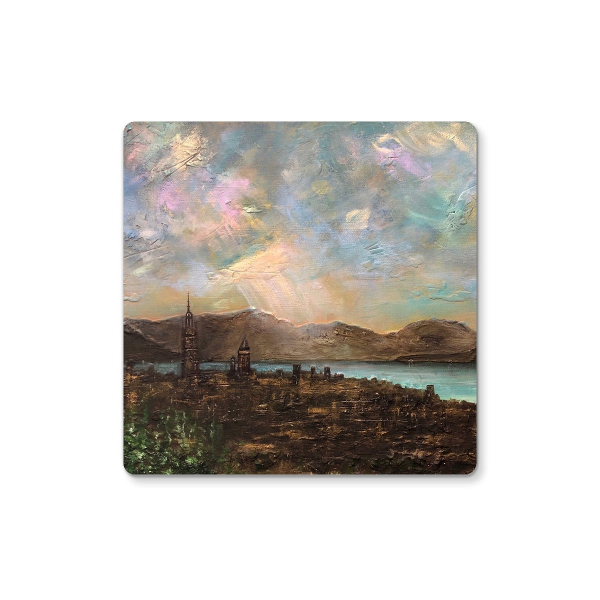 Textured oil painting of Greenock waterfront with spire under colorful cloudy sky