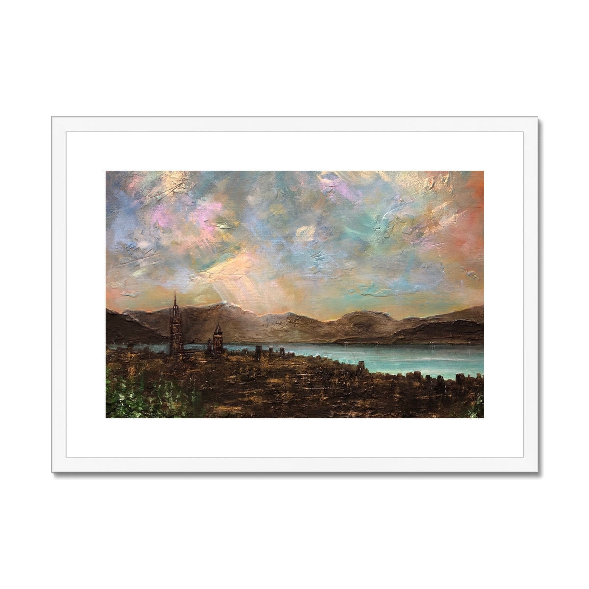 Framed oil painting of Greenock cityscape by water under colorful sky for Angels Fingers print