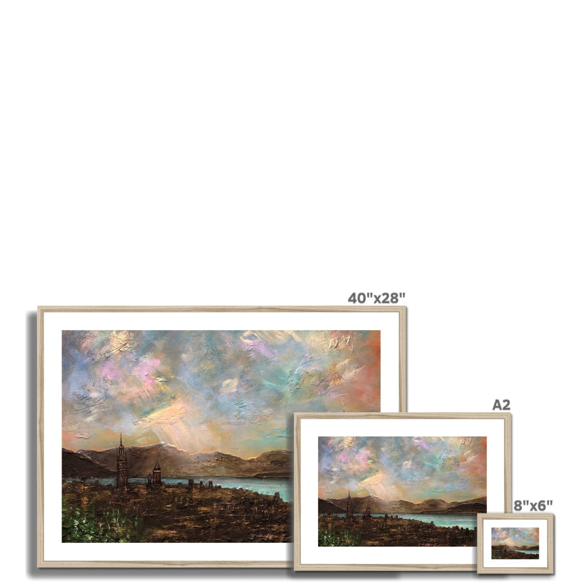 Set of three framed landscape art prints including Angels Fingers Over Greenock mounted print