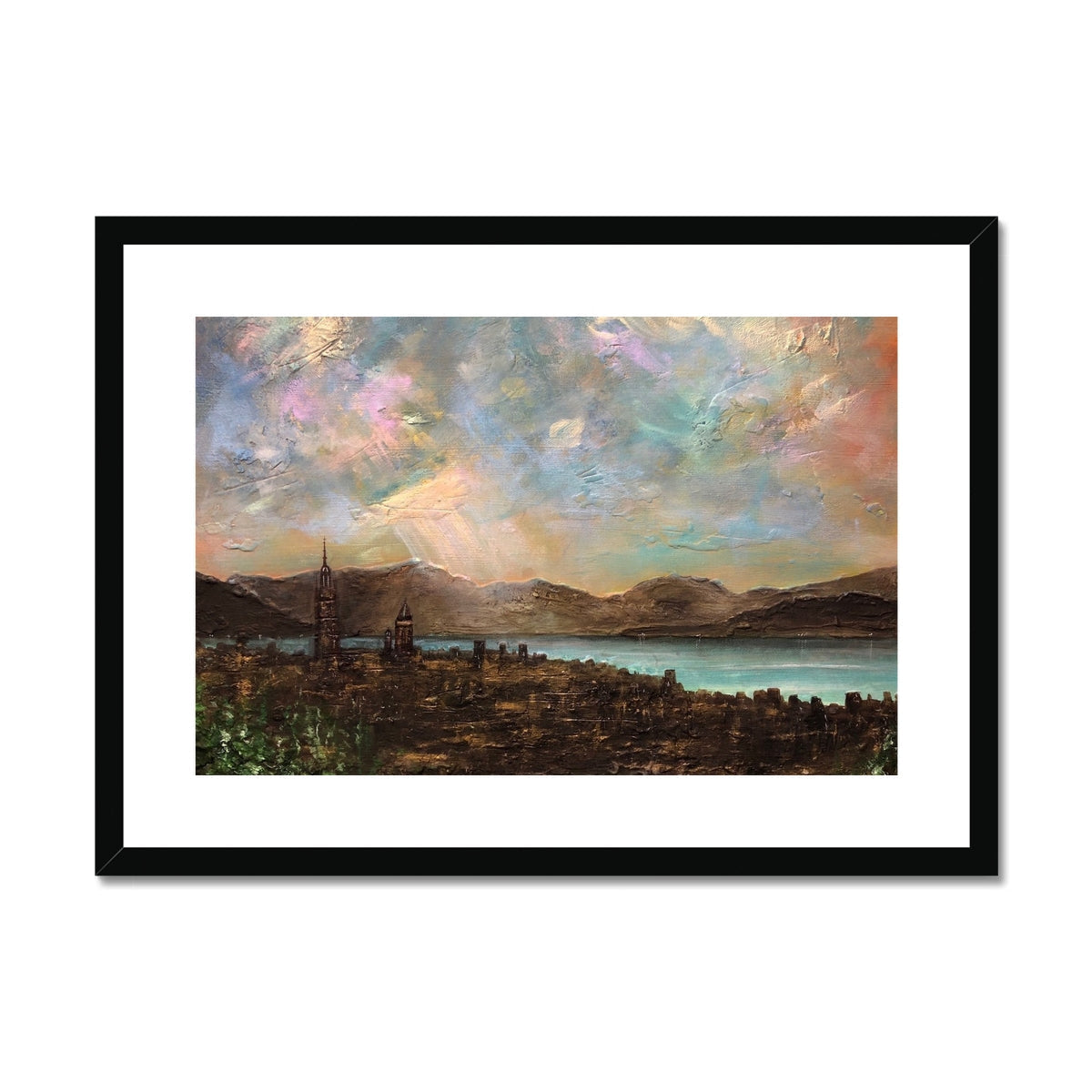 Framed oil painting of a city by a lake with mountains under a colorful sky for Angels Fingers Over Greenock print