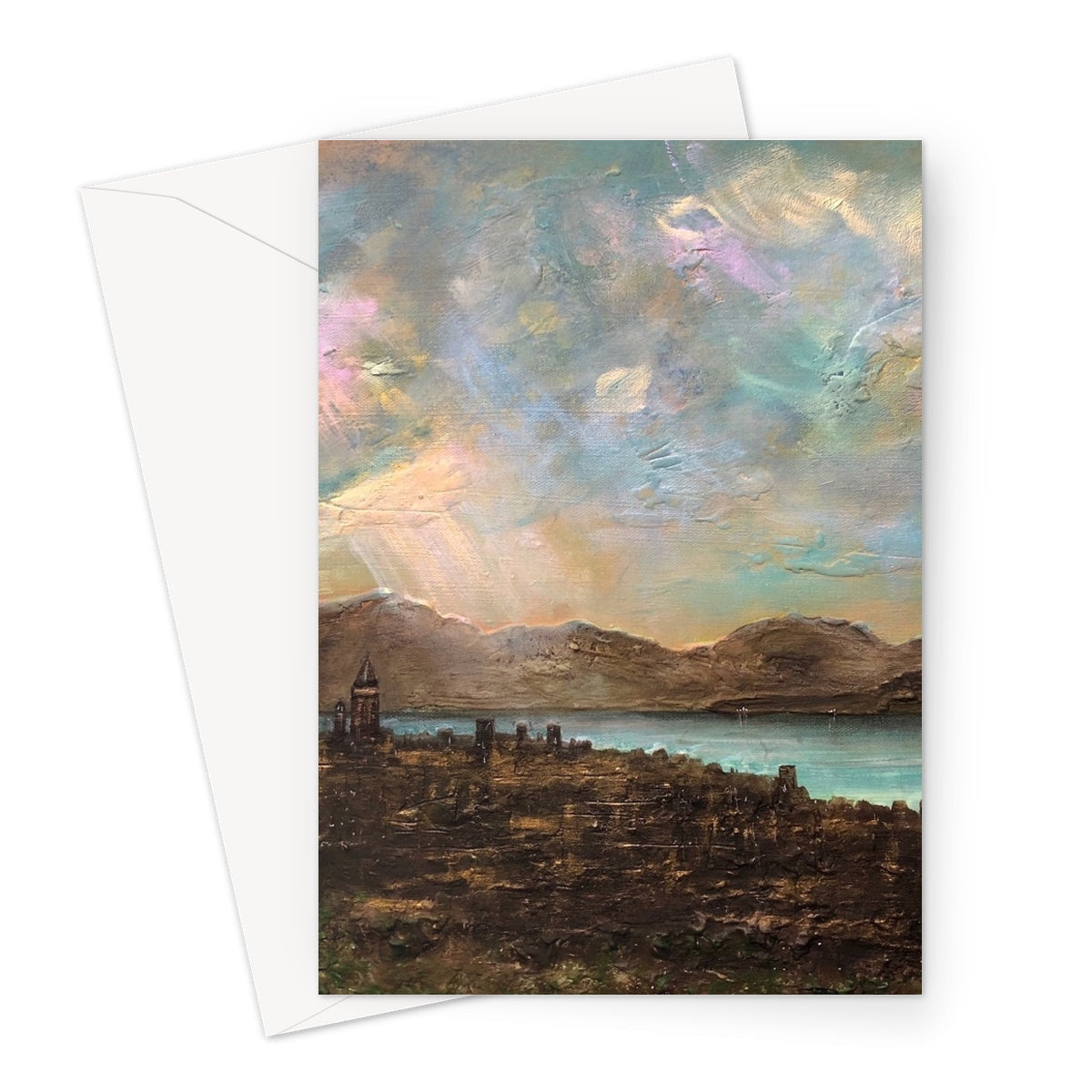 Landscape painting on a greeting card titled Angels Fingers Over Greenock Greeting Card