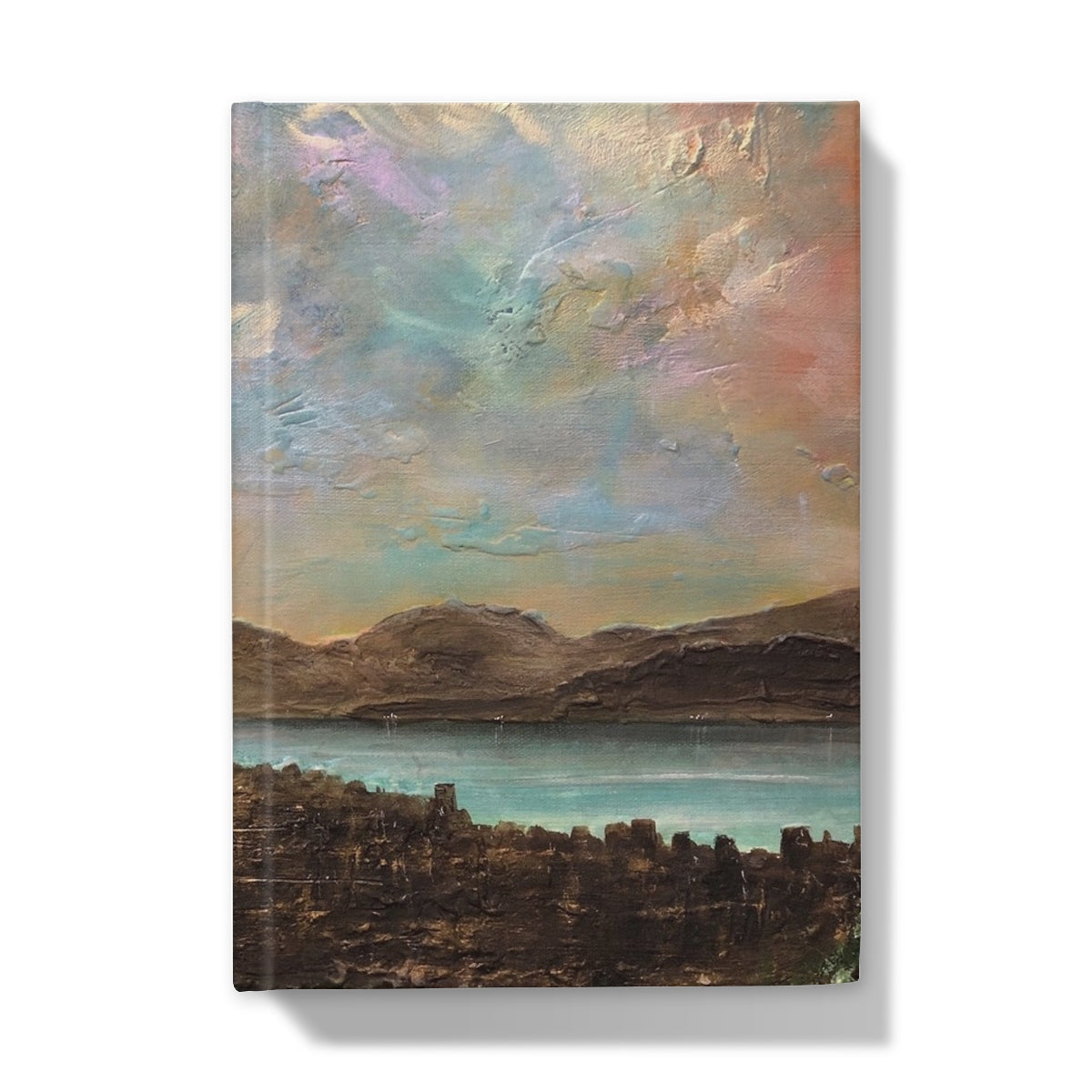 Textured landscape painting of a lake and mountains under a colorful sky on Angels Fingers Greenock Journal