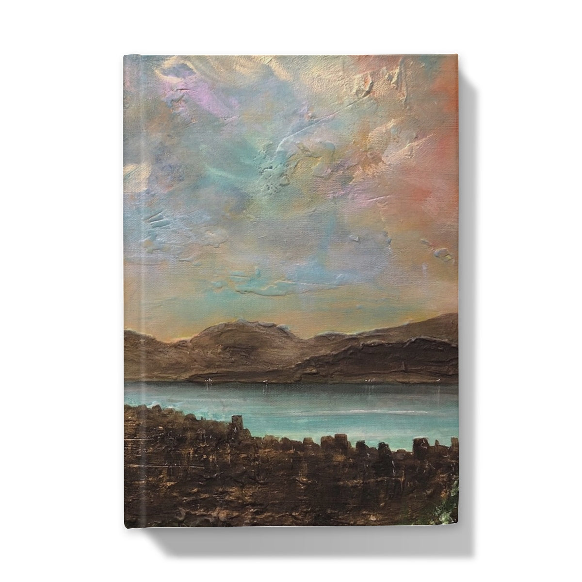 Textured oil painting of a serene landscape with mountains, water, and a colorful sky for Angels Fingers Over Greenock Hardback Journal