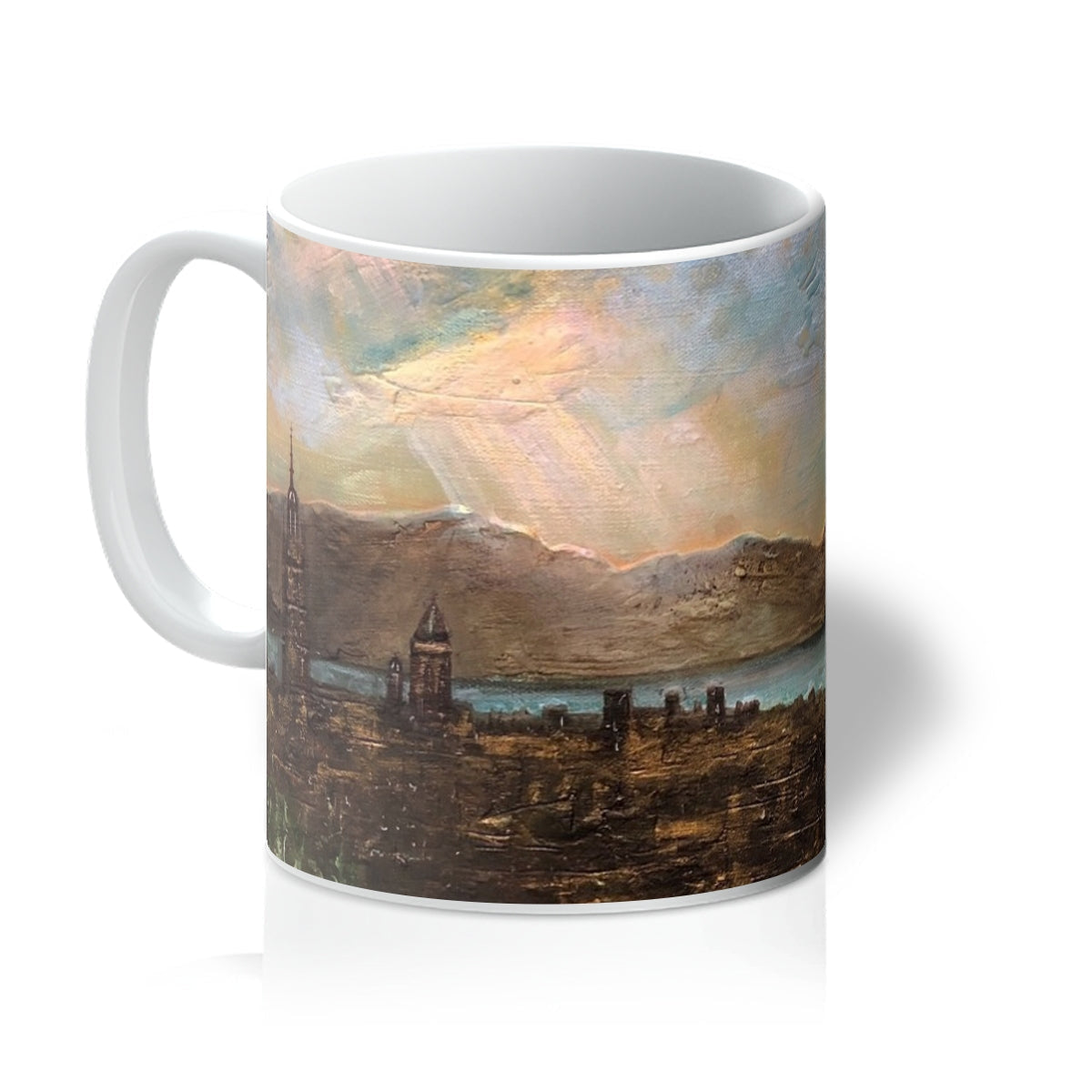 White ceramic Angels Fingers Over Greenock Mug with painted cityscape and dramatic sky