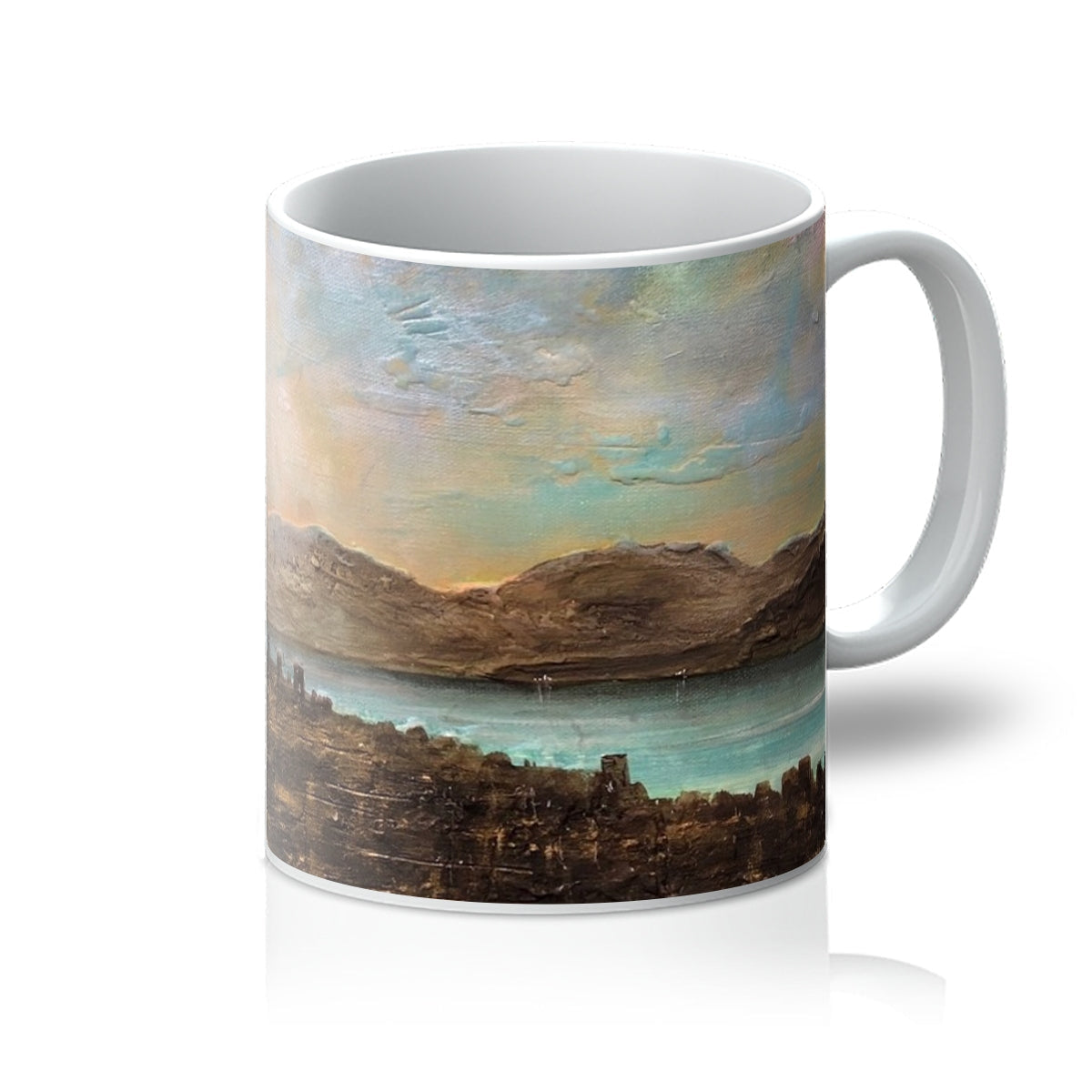 White ceramic mug featuring an impressionistic landscape painting for Angels Fingers Over Greenock