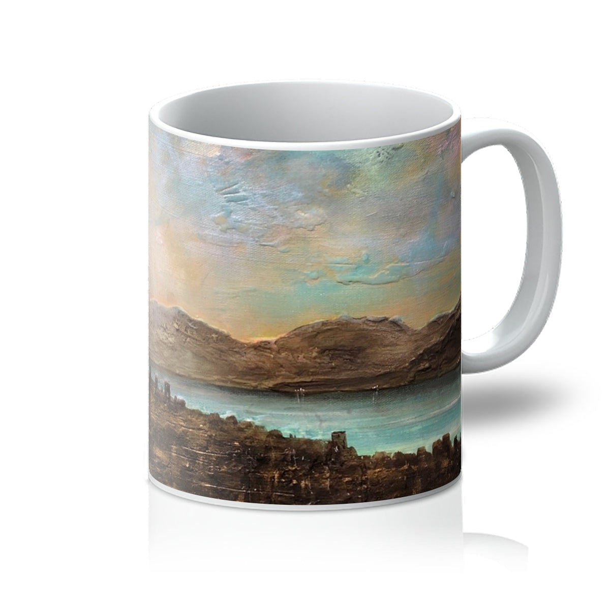White ceramic mug with impressionistic landscape painting for Angels Fingers Over Greenock