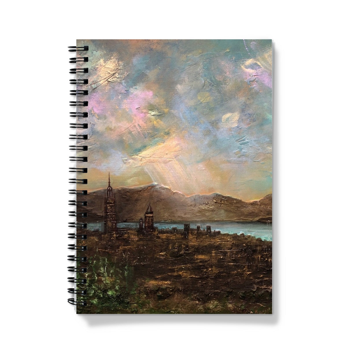 Spiral-bound Angels Fingers Over Greenock Notebook with impressionistic sunset cityscape cover