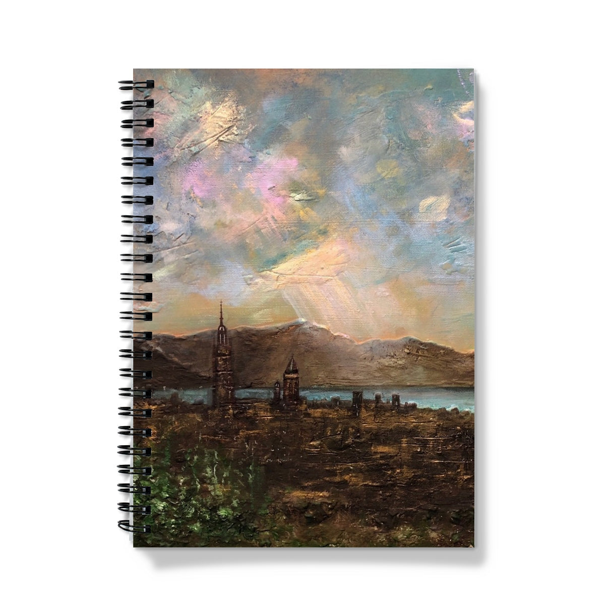 Spiral-bound Angels Fingers Over Greenock Notebook with oil painting of town by lake and mountains