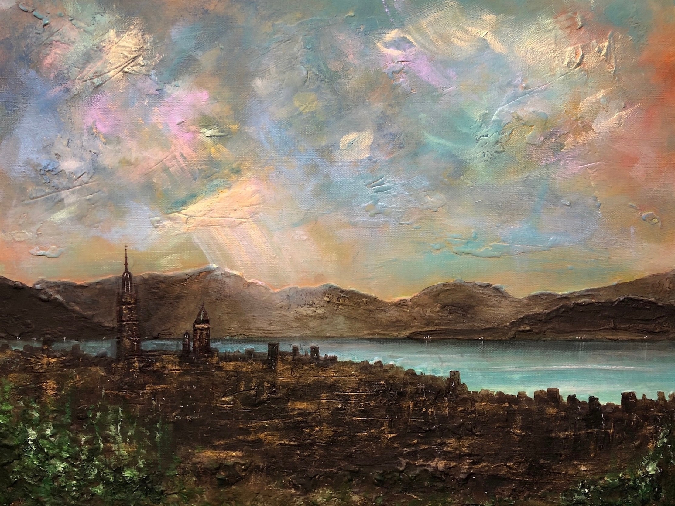 Oil painting of Greenock cityscape by water with mountains and colorful sky