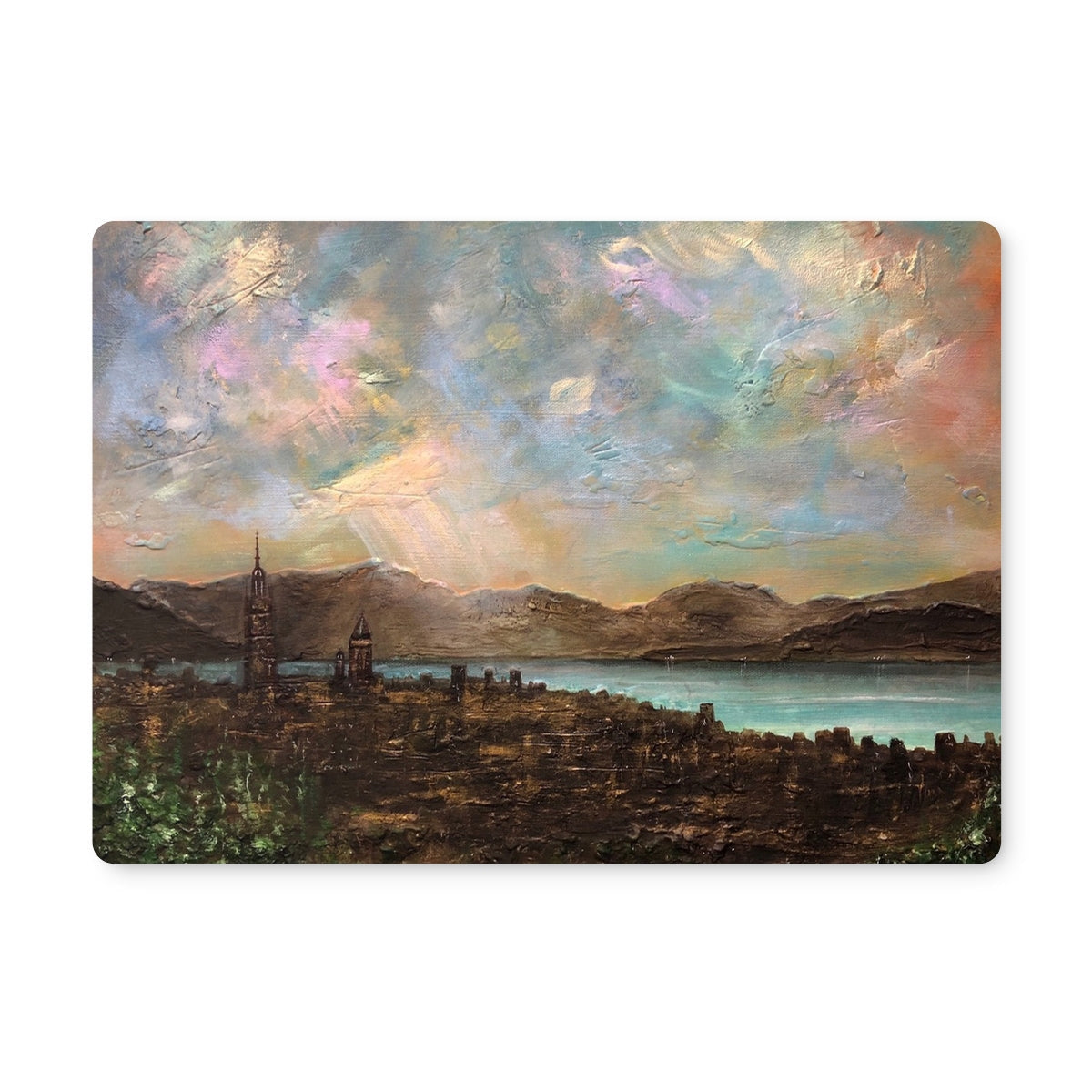 Impressionistic cityscape painting with tower, mountains, and colorful sky on Angels Fingers Over Greenock Placemat