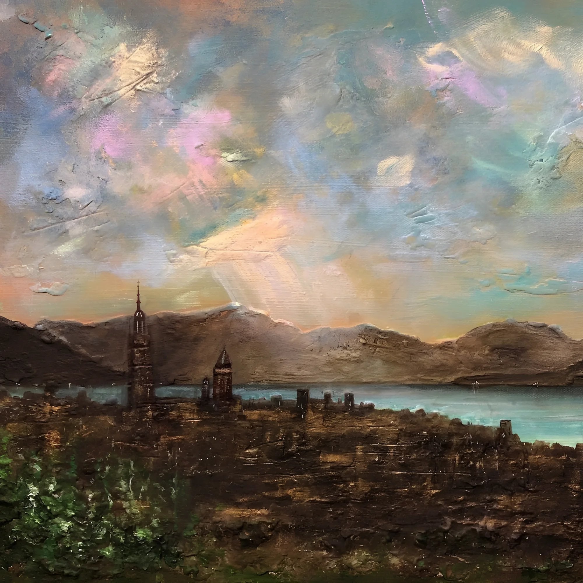 Textured painting of a city by a lake with mountains and colorful sky in Angels Fingers Over Greenock Scotland In Your Pocket