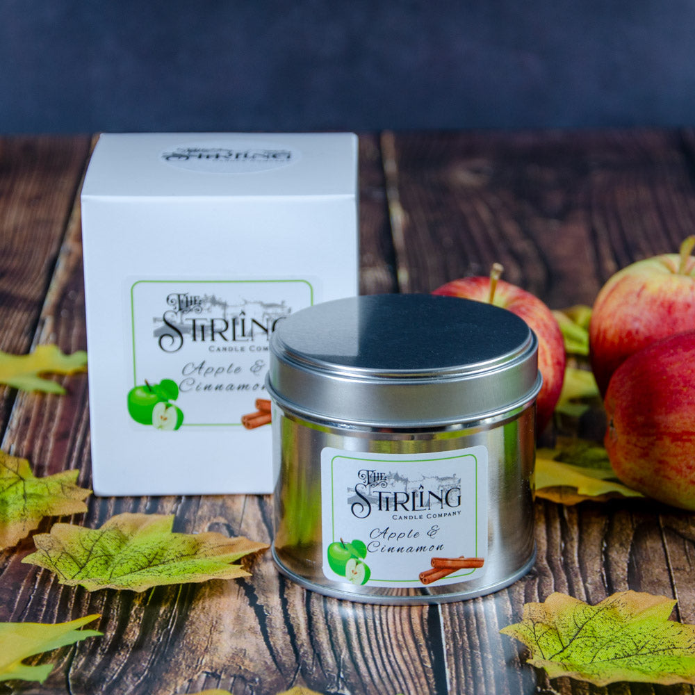 Sleek silver Apple & Cinnamon travel tin candle by Stirling Candle Company