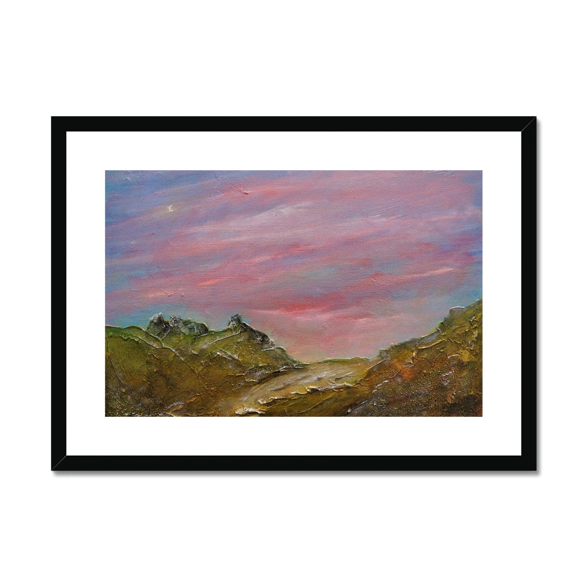 Framed Approaching The Cobbler mountain landscape print in pink purple hues