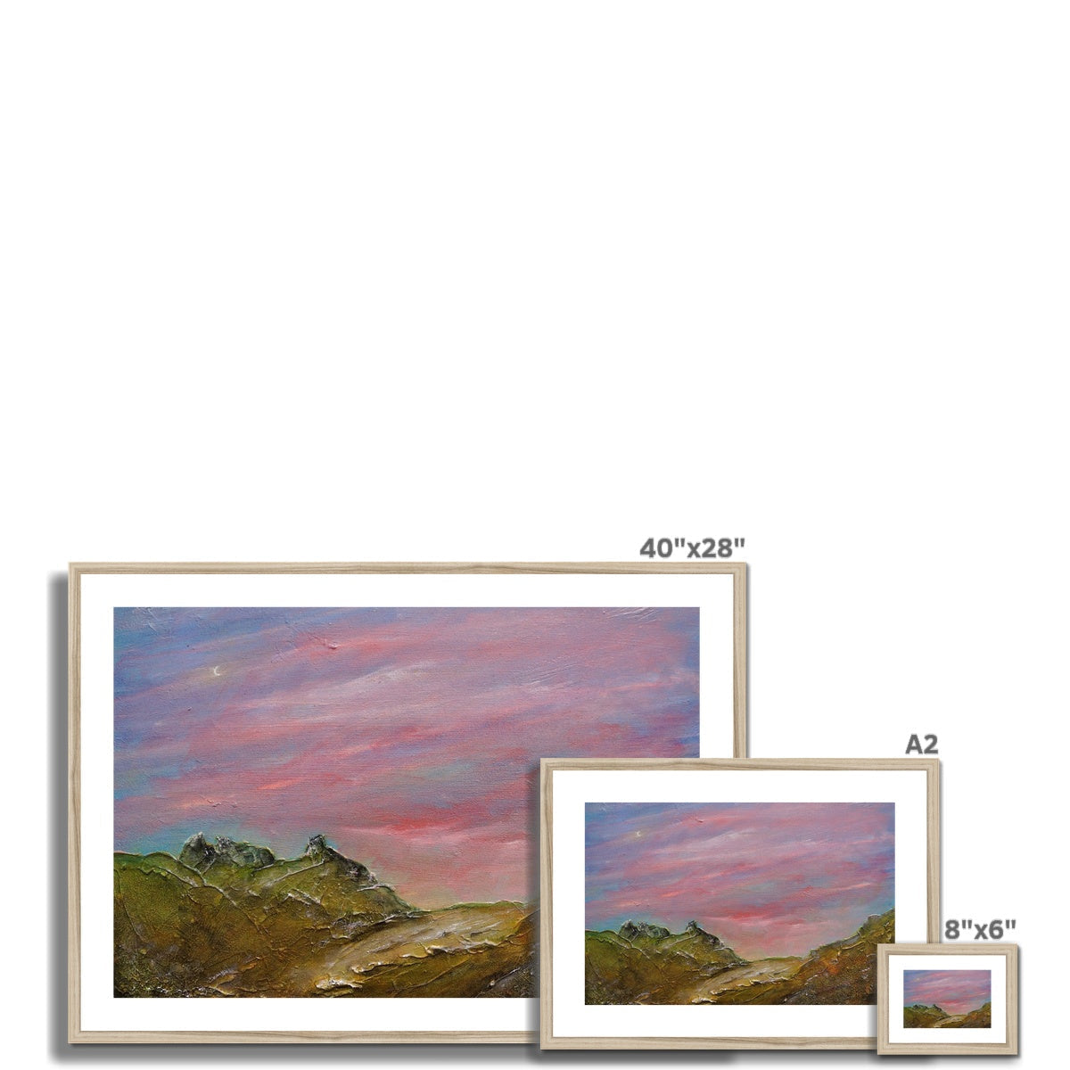 40x28 inch framed Approaching The Cobbler landscape painting with mountains and pink sky in gold frame